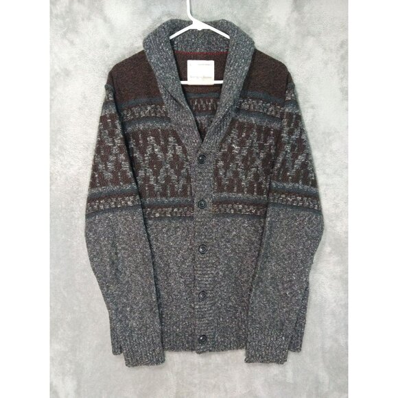 Banana Republic Sweater Mens Large Gray Cardigan Wool Blend Cowl Neck Fair Isle - Picture 1 of 9